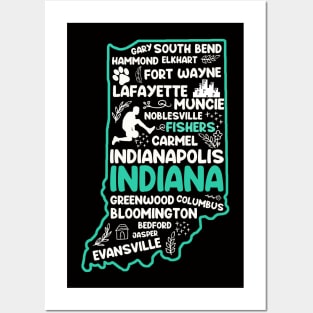 Fishers Indiana cute map Evansville, Carmel, Bloomington, Hammond, Gary, Lafayette Posters and Art
